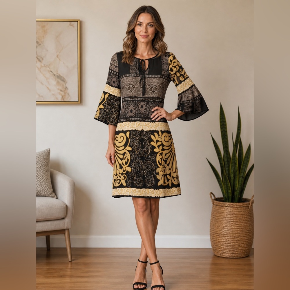 Hale Bob Silk Blend Baroque Print Bell Sleeve Shift Dress - Size Small